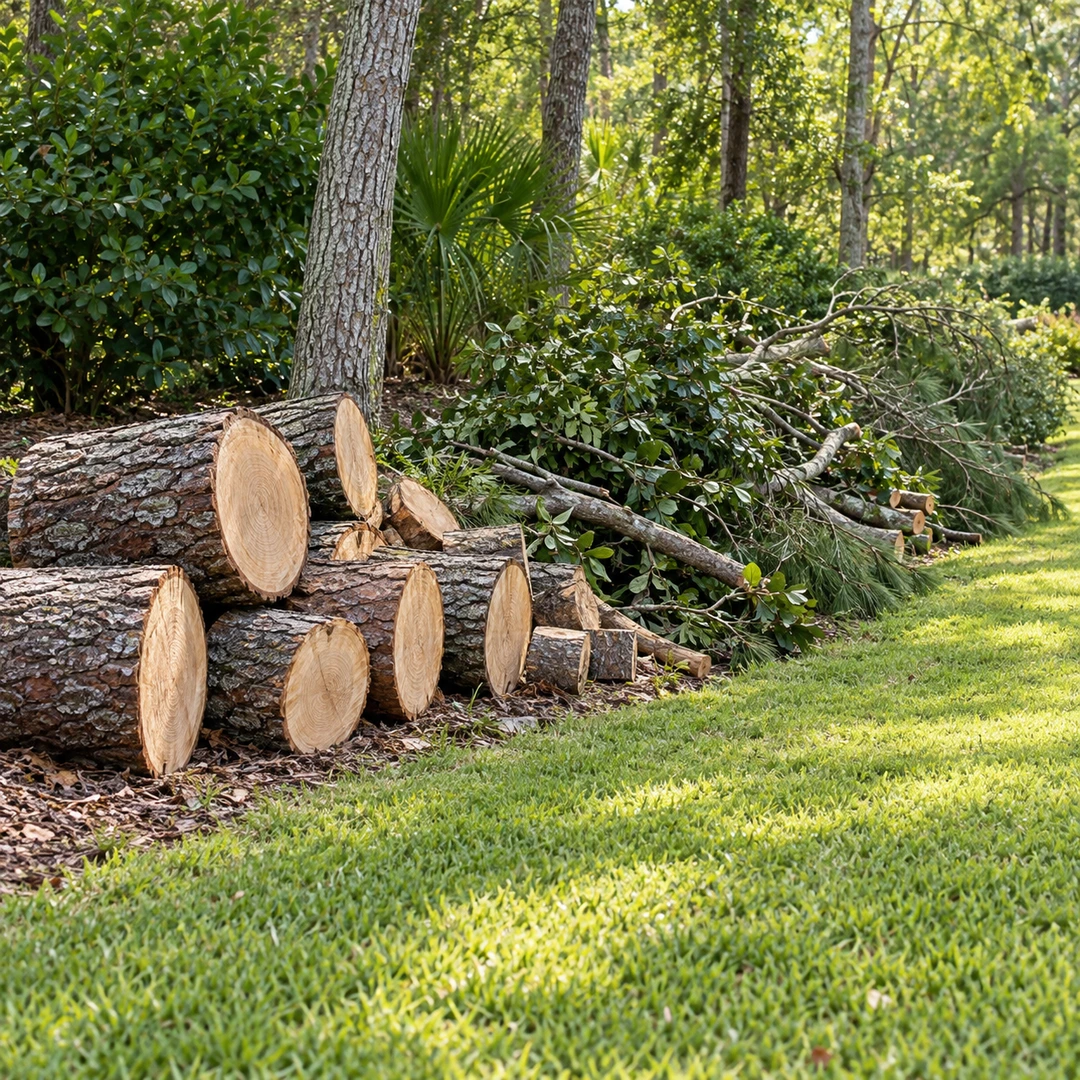 cut tree trunk sections and branch material staged neatly along open lawn edge