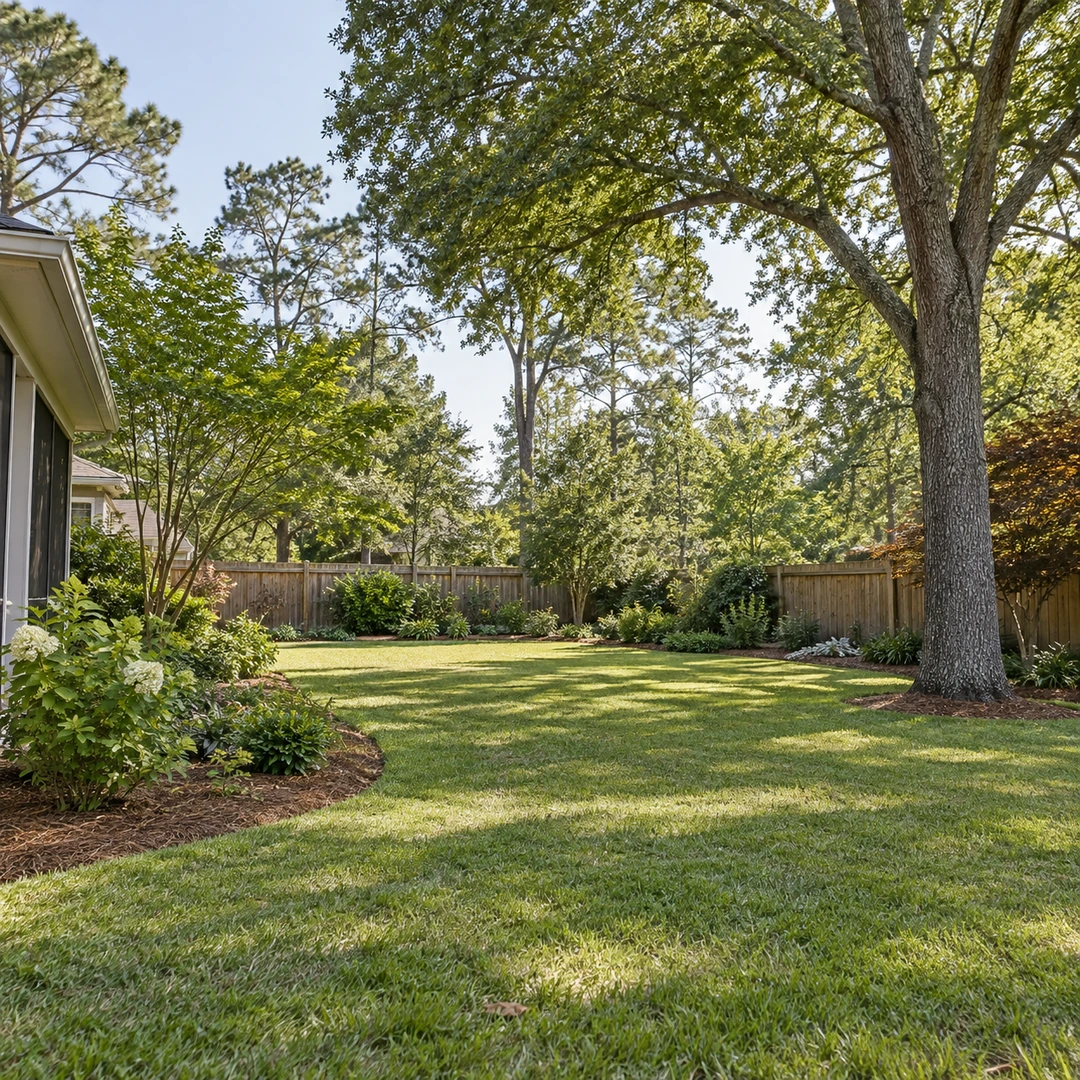 clean yard with remaining mature trees and open grass area showing removal access preserved