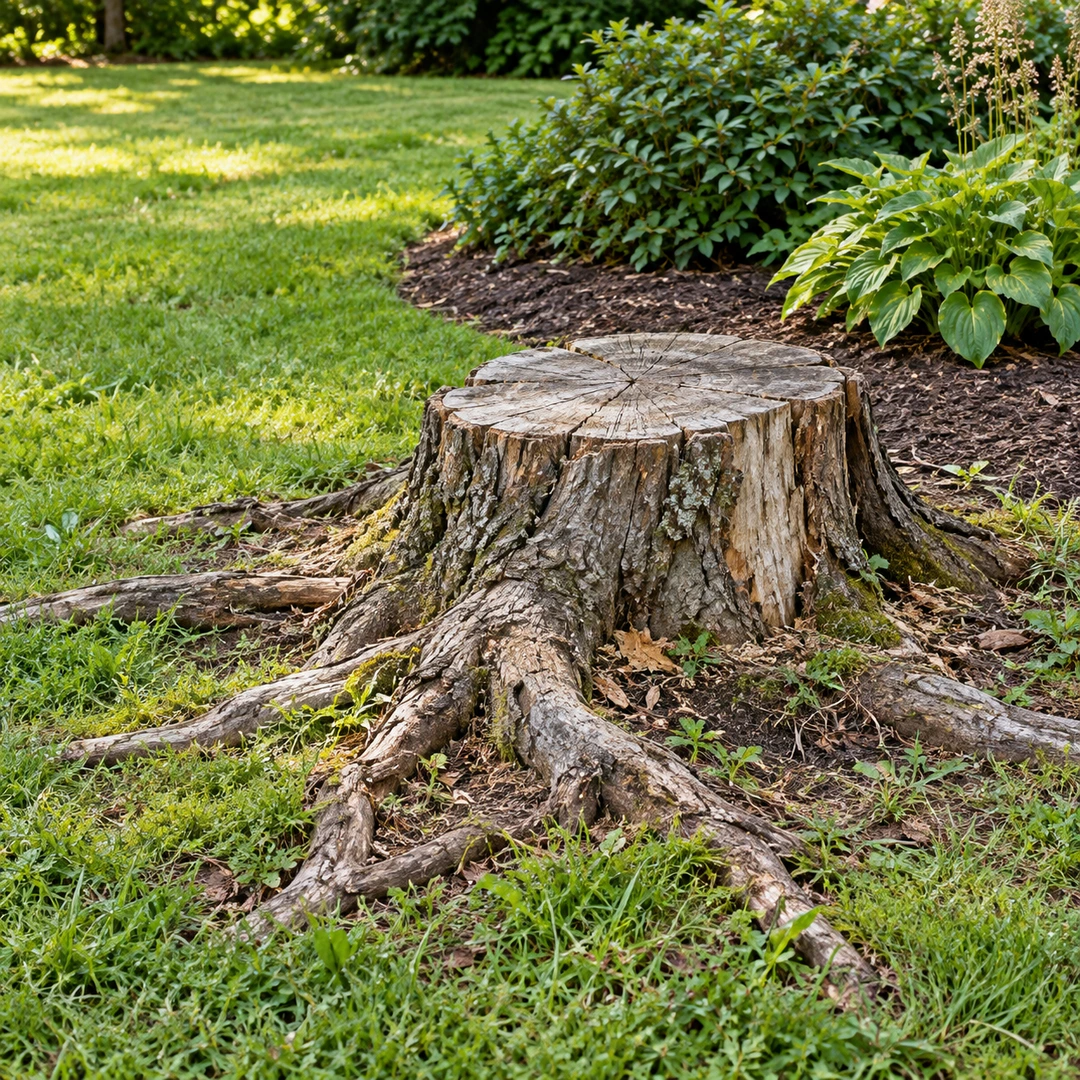 old stump protruding from grassy backyard near planting bed with exposed surrounding roots