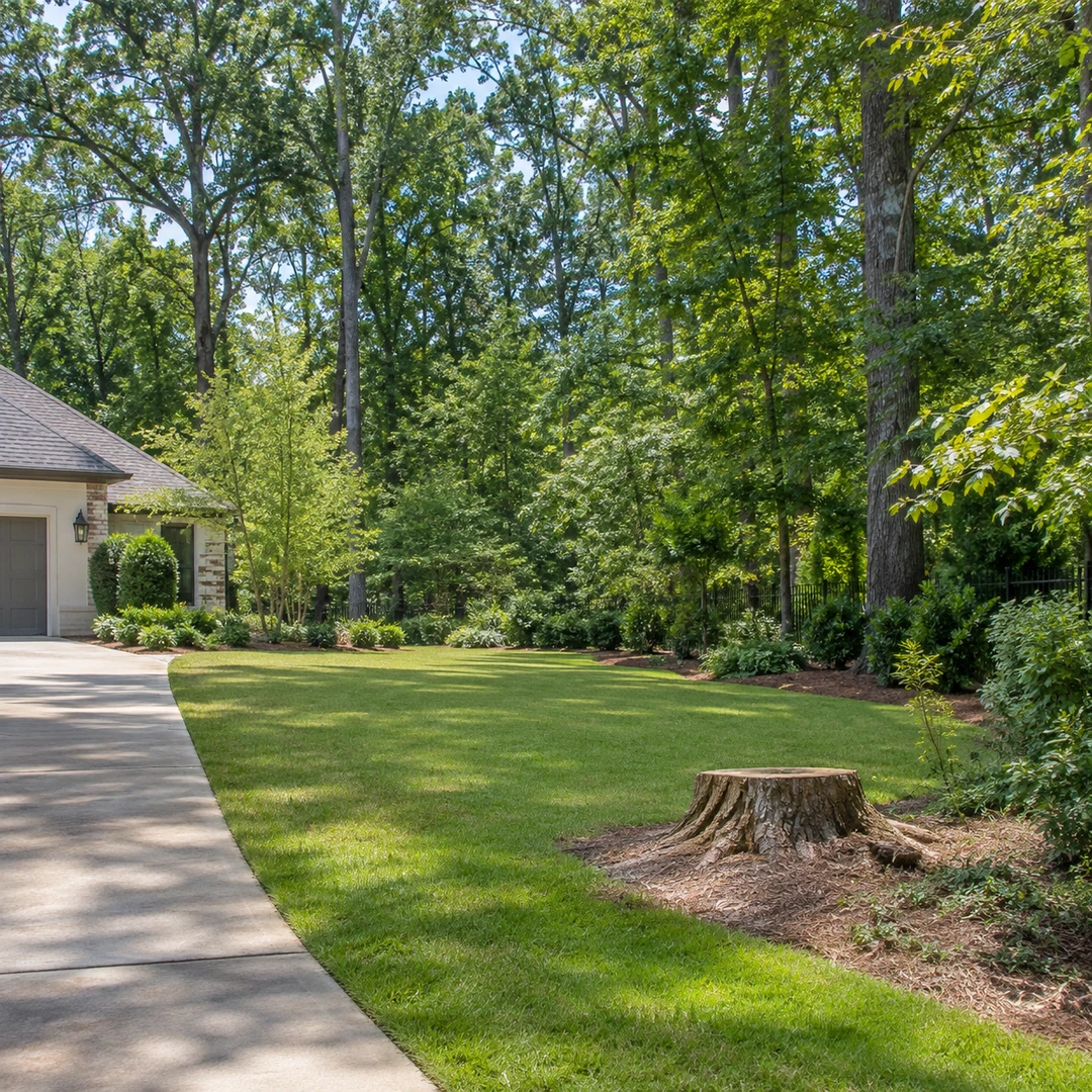 wide Georgia backyard with stump near lawn boundary and clear access from driveway