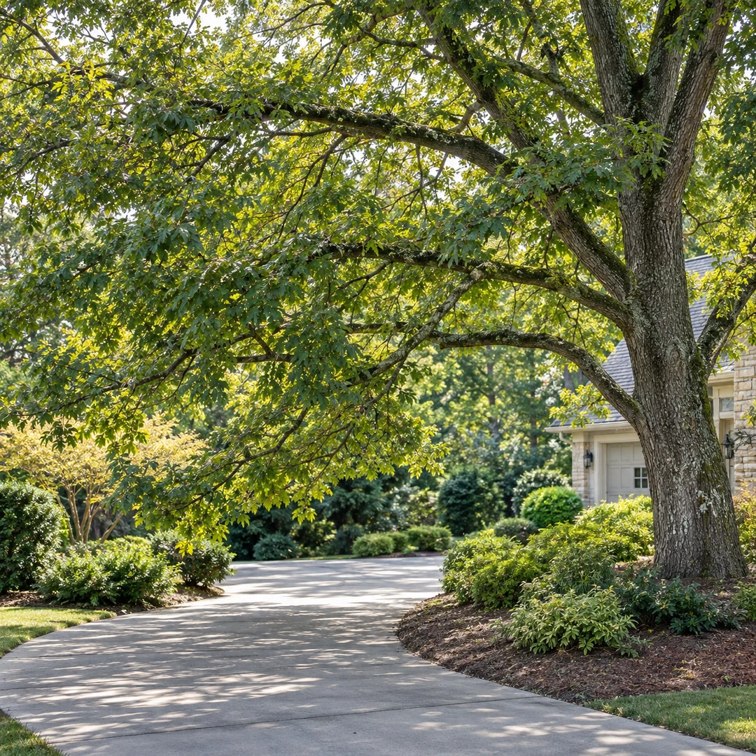 healthy mature tree with selected low branches near driveway requiring pruning consideration