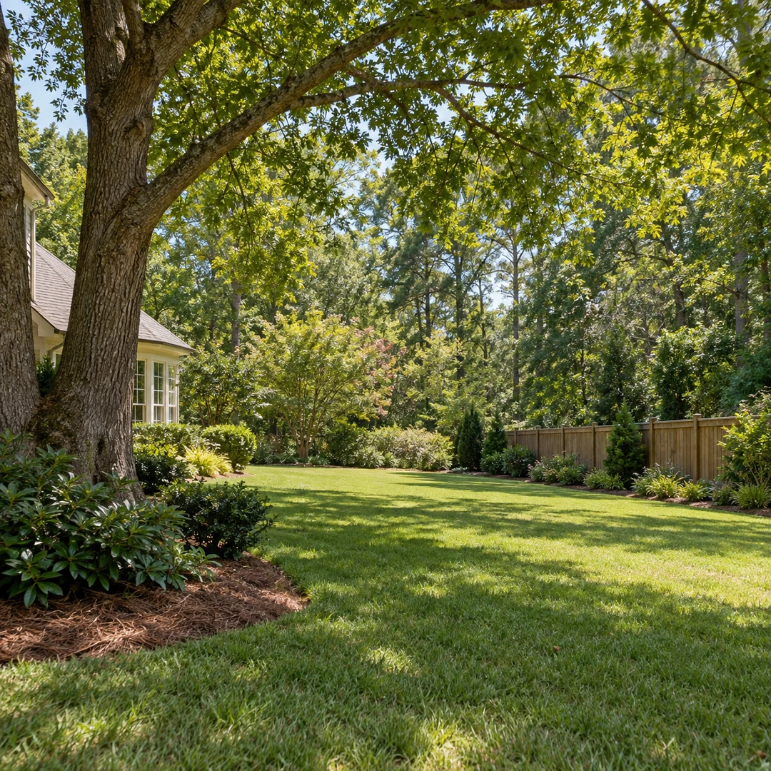 wide Georgia yard showing tree canopy near house and fence with unobstructed access