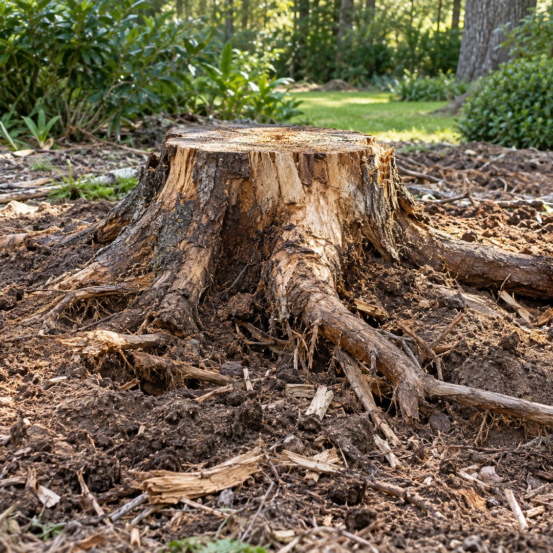 close old stump with exposed woody roots and chips in surrounding soil
