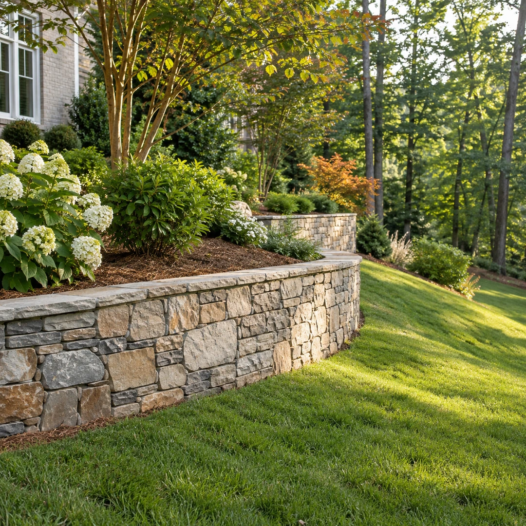 short stone retaining wall supporting raised garden beside sloped Georgia lawn