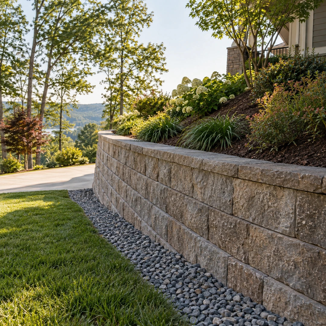 retaining wall with visible gravel drainage strip and planted soil above wall face