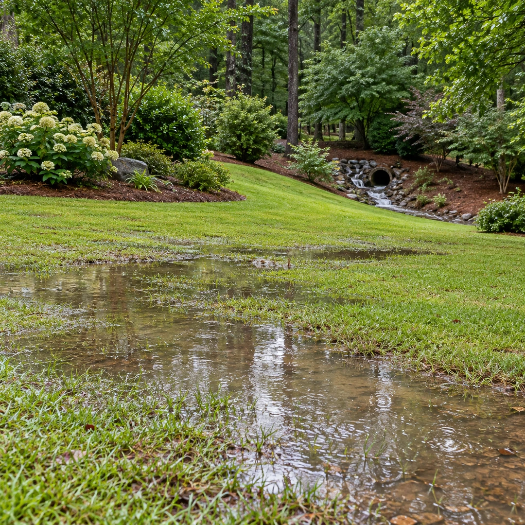 wet low lawn area with surface water and downhill drainage outlet beyond shrubs