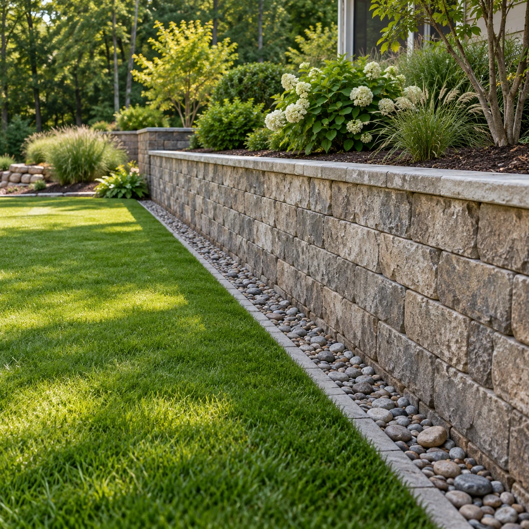 finished garden wall with tidy lawn below and open shallow drainage route beside it