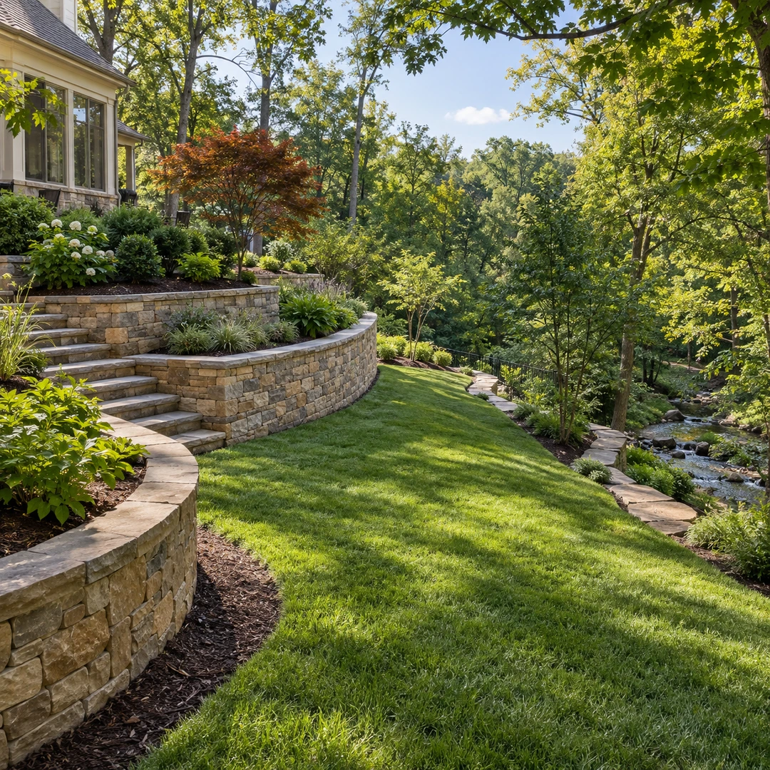 wide backyard with terraced retaining wall and garden access around slope