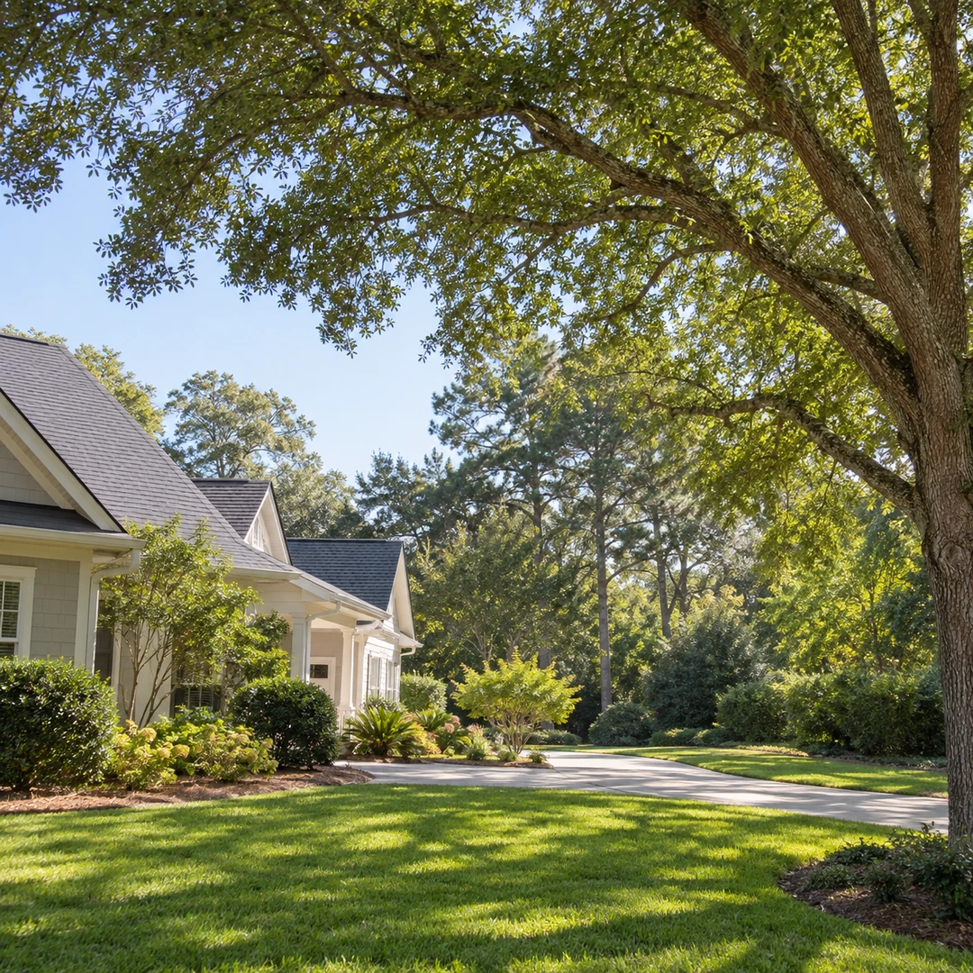 healthy balanced tree canopy with space from house roof above open yard