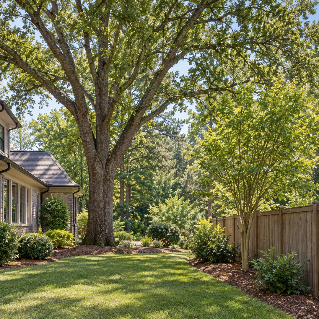 large mature shade tree near house and smaller tree near fence showing removal planning