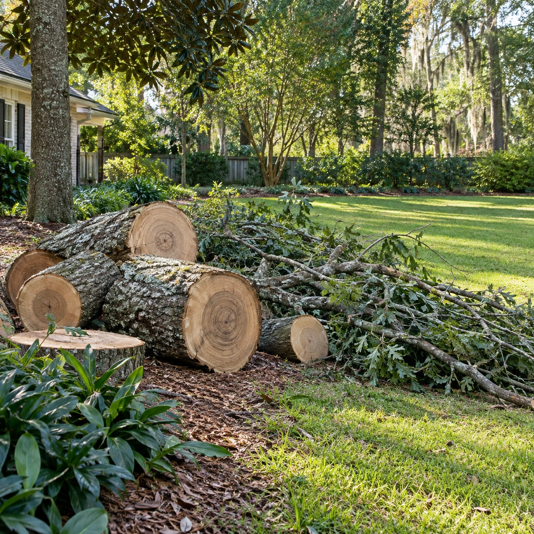 cut trunk sections and branches staged beside open lawn after tree removal