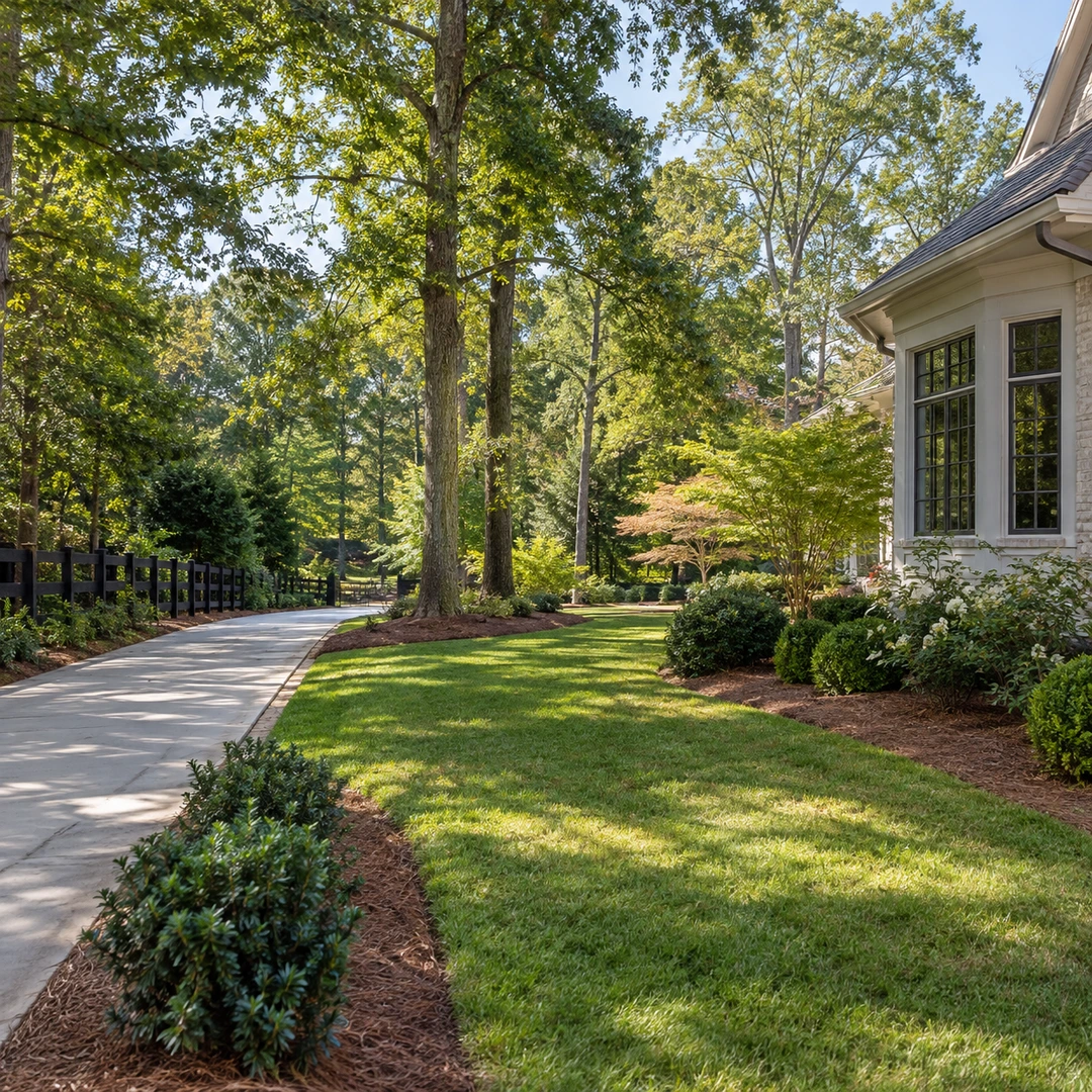 wide Georgia yard showing trees and access between driveway fence and house