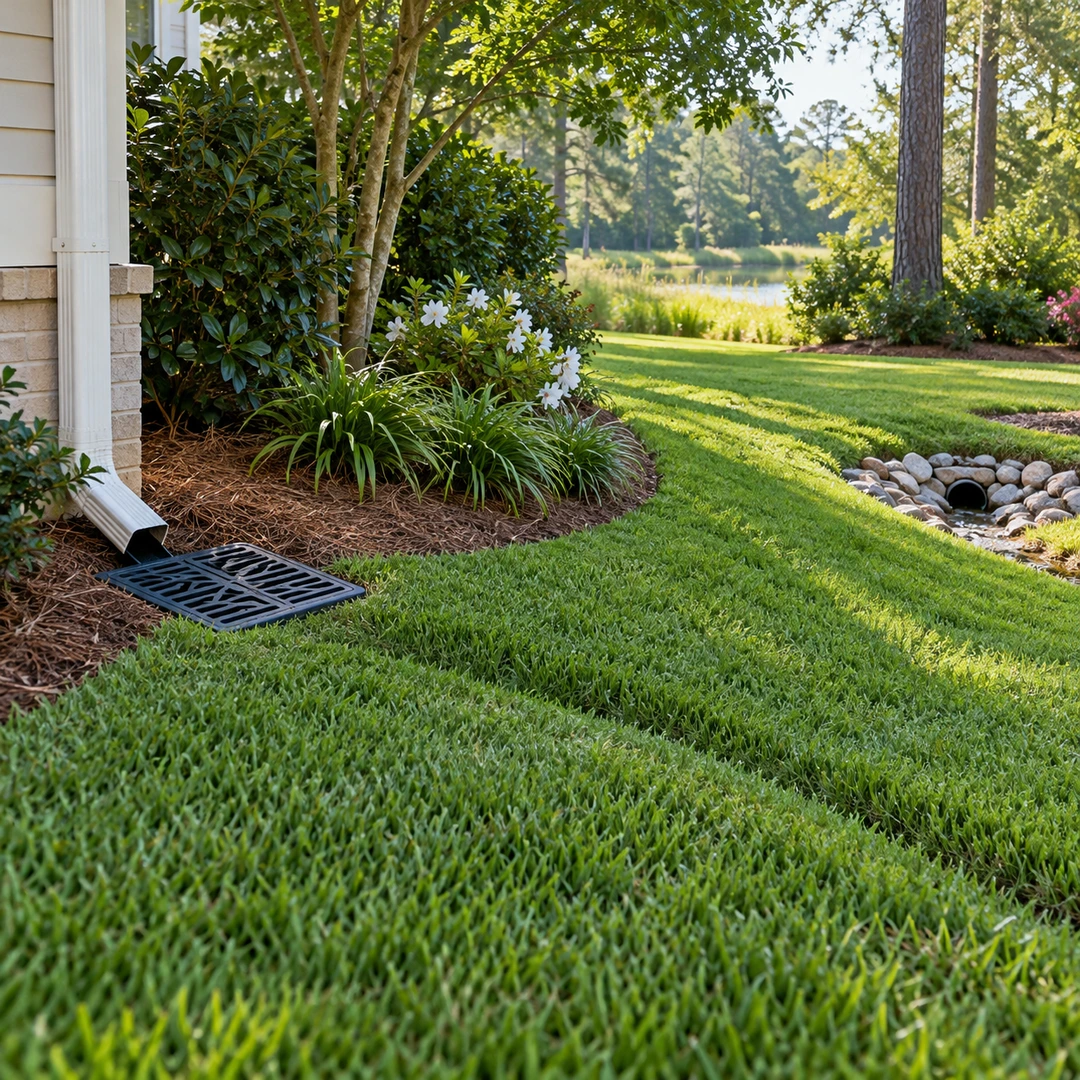 finished lawn drainage route with clean inlet and clear outlet beside planting bed