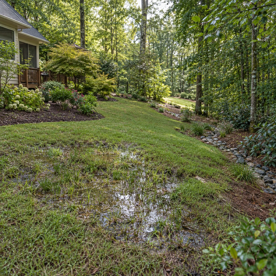 wide Georgia backyard with wet low spot and downhill route around garden for drainage planning