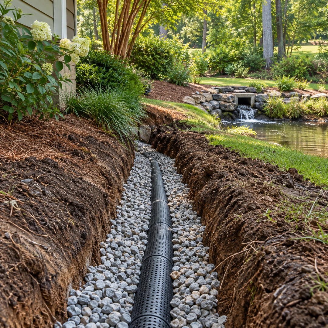 open French drain trench with clean gravel and perforated pipe leading downhill to accessible outlet