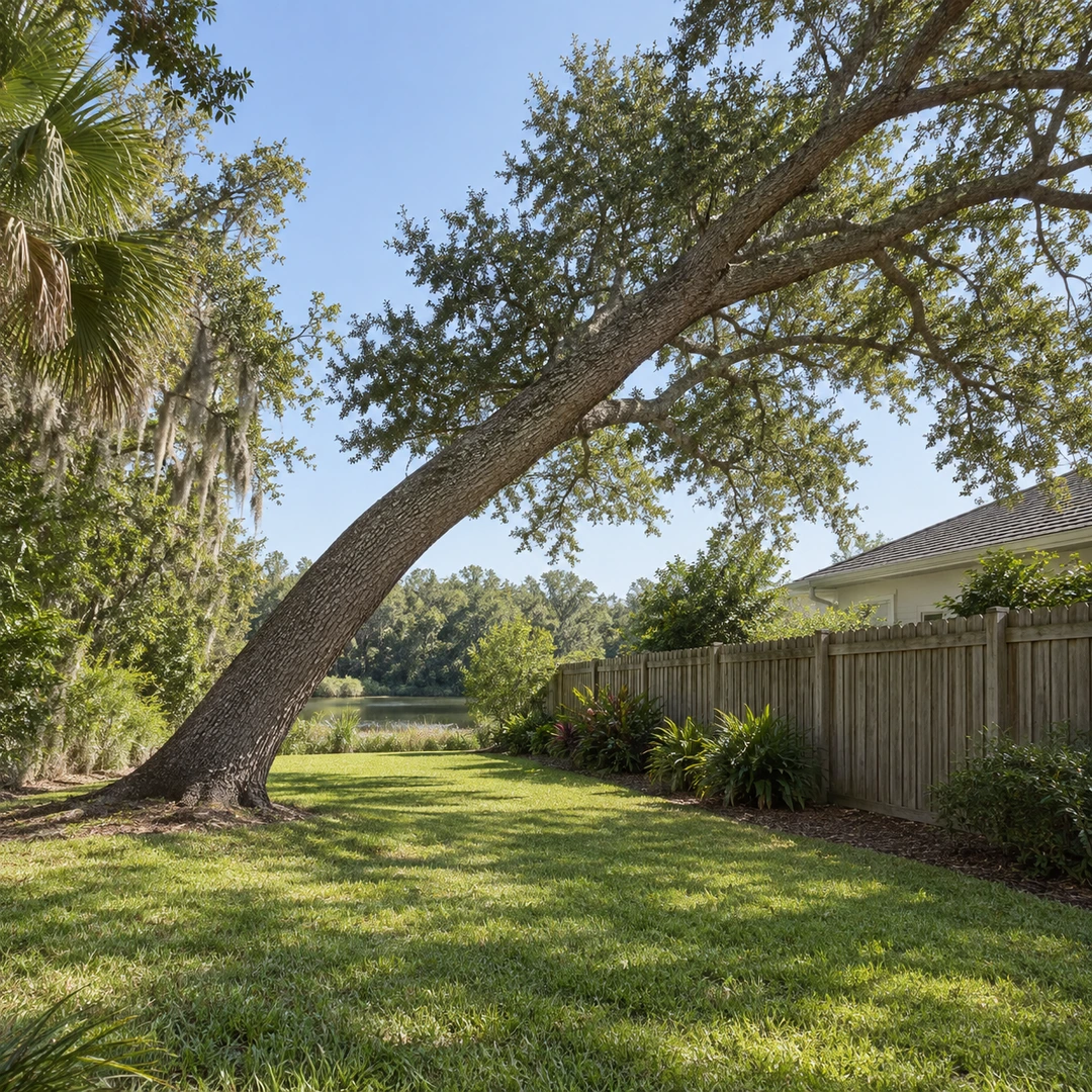 leaning tree trunk angled across grass toward fence with broad open working space
