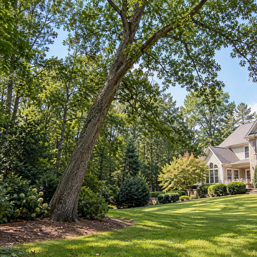 noticeably leaning mature tree in Georgia backyard viewed from safe distance with house set back