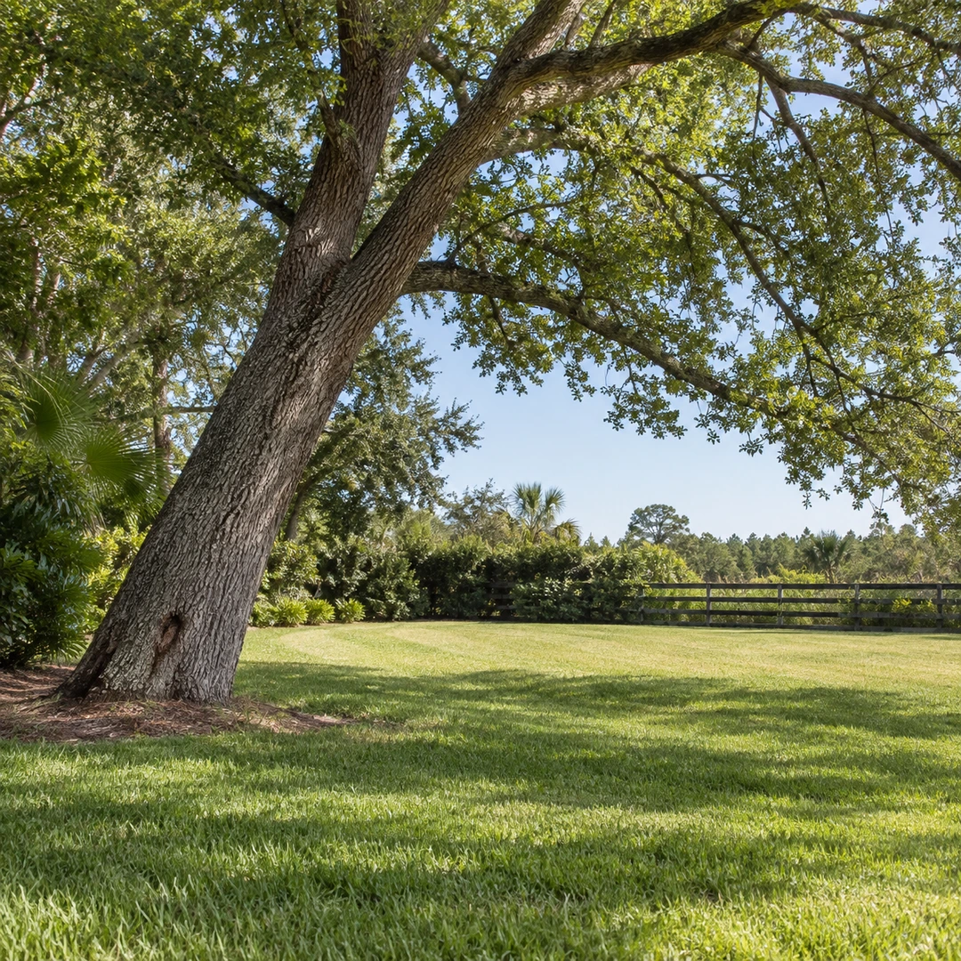 empty lawn below leaning mature tree showing distant safe boundary and no people
