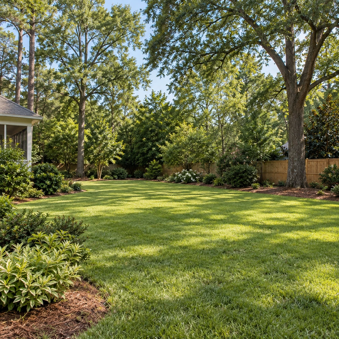 tidy backyard with open reclaimed lawn space and mature remaining trees