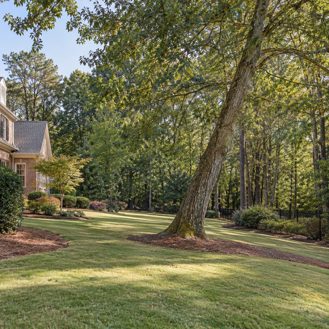 wide suburban Georgia yard showing leaning tree and open safe access around it