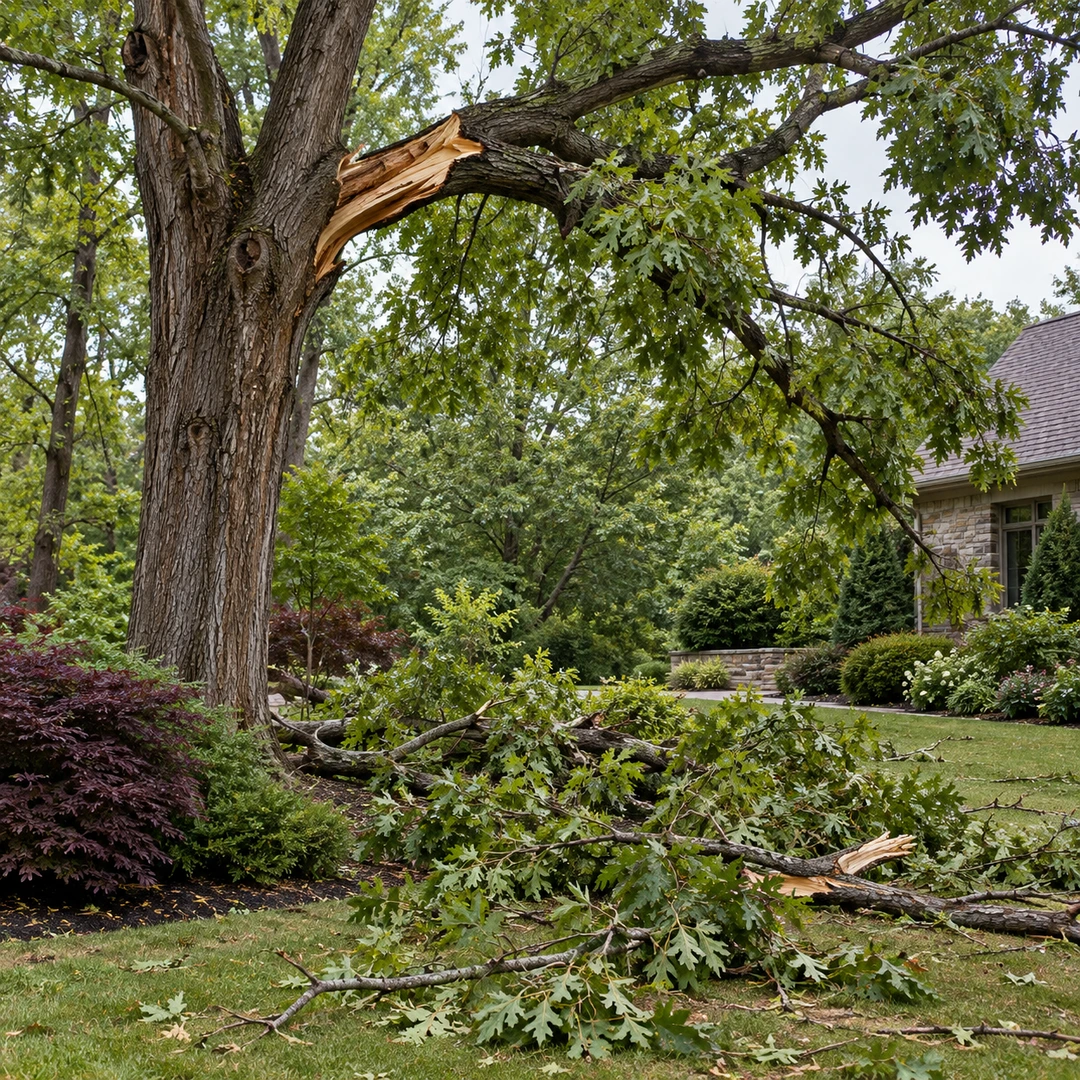 storm damaged mature tree with broken limb overhead and fallen branches scattered separately below