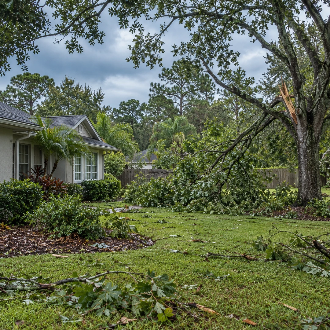storm affected suburban yard with scattered branches and damaged tree seen from safe distance