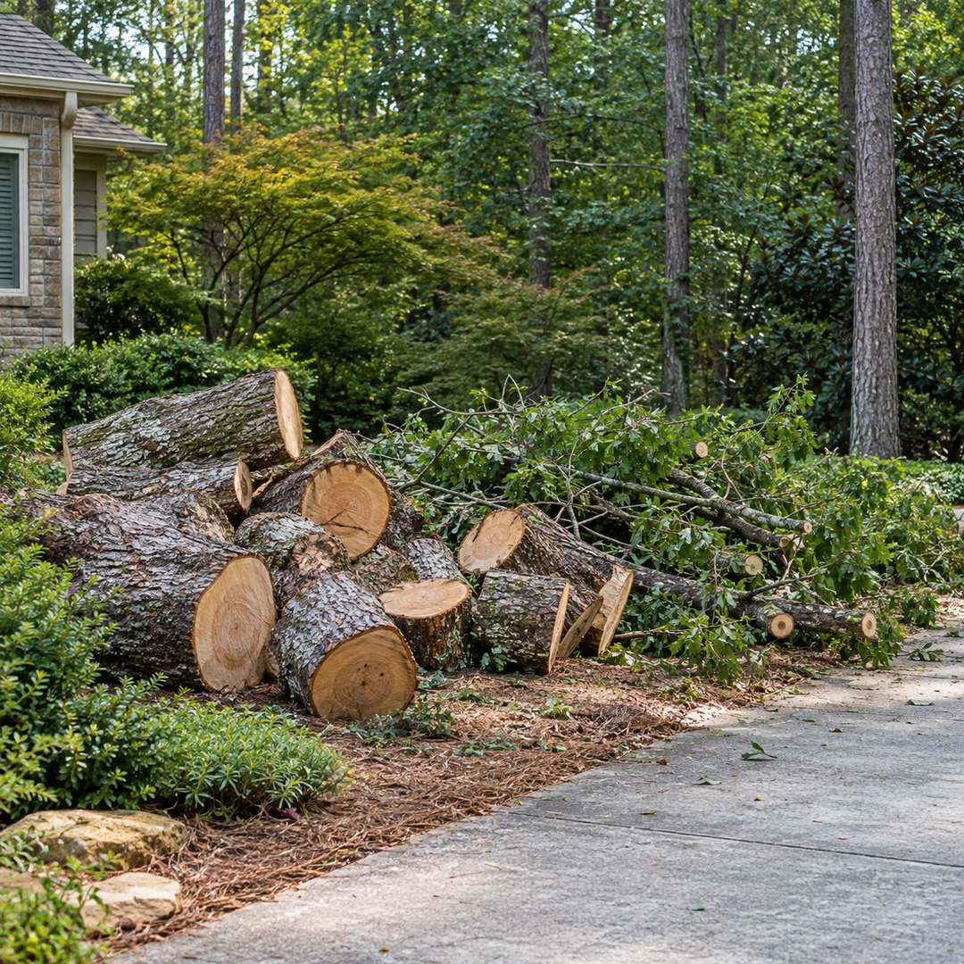 cut tree logs and branches staged in open yard beside driveway for debris removal planning