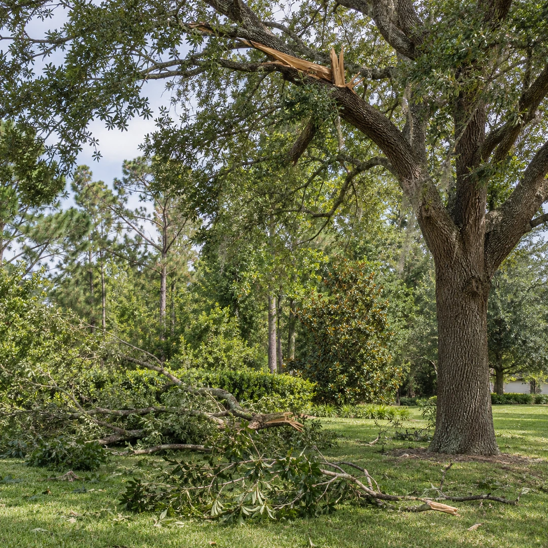 broken branch remaining lodged overhead in a mature tree with separate fallen branches on grass below