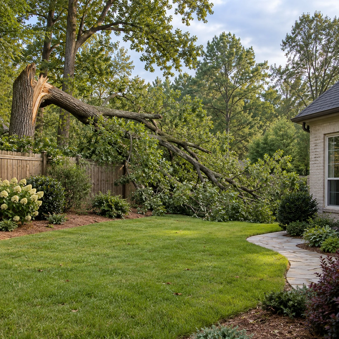 wide Georgia backyard with storm damaged tree near fence and house with safe open access around fallen limbs