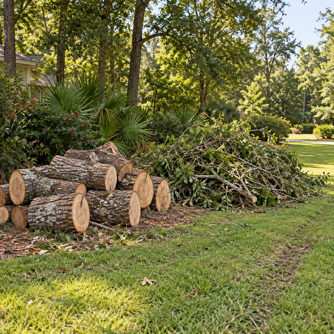 separate piles of cut logs and leafy branch debris on lawn edge with room for haul away
