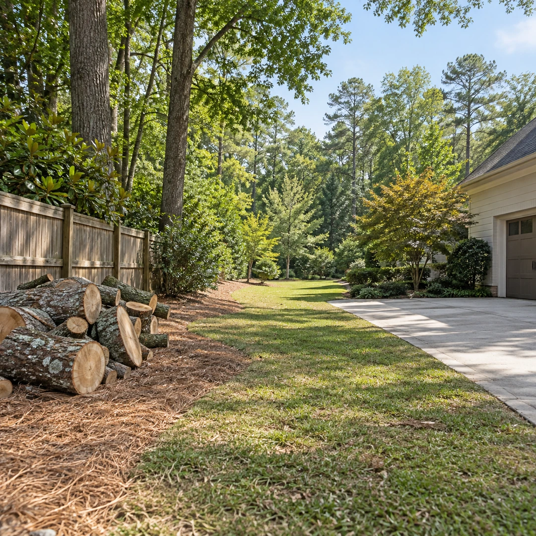 wide Georgia yard showing cut wood and clear access route between fence and driveway