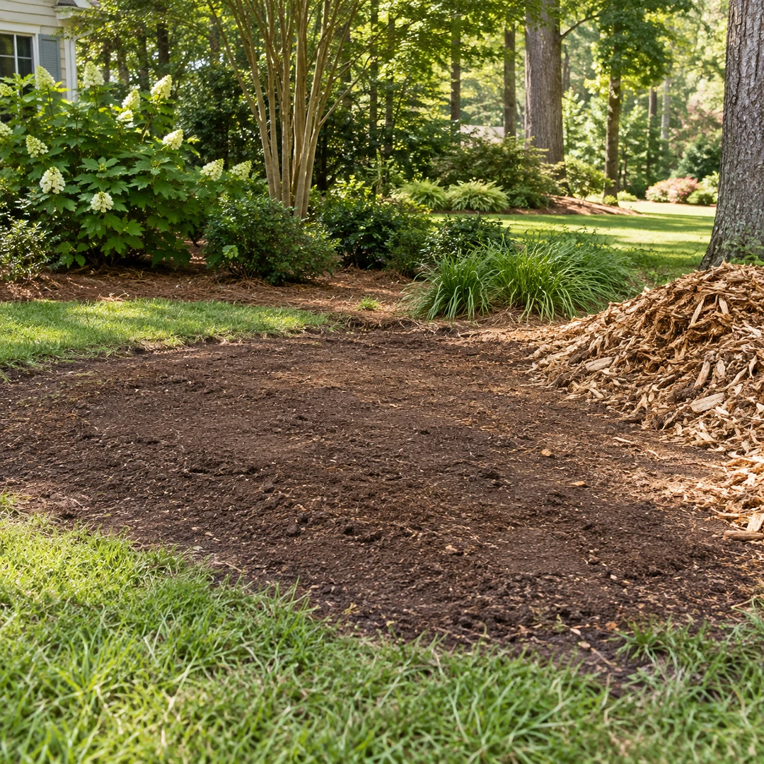 cleared stump patch with chips neatly piled aside and level soil ready for next yard use