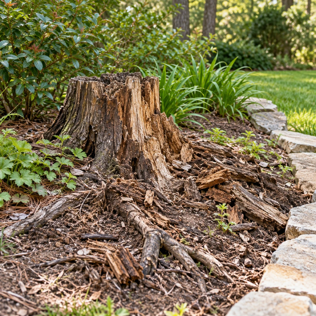 weathered decaying stump with loose wood and roots near garden edge