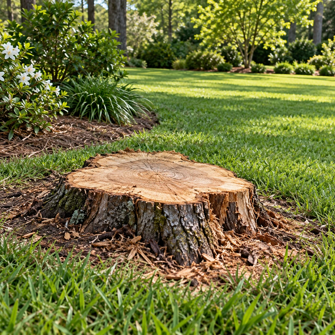fresh stump cut close to grass with clear surrounding lawn showing grinding planning