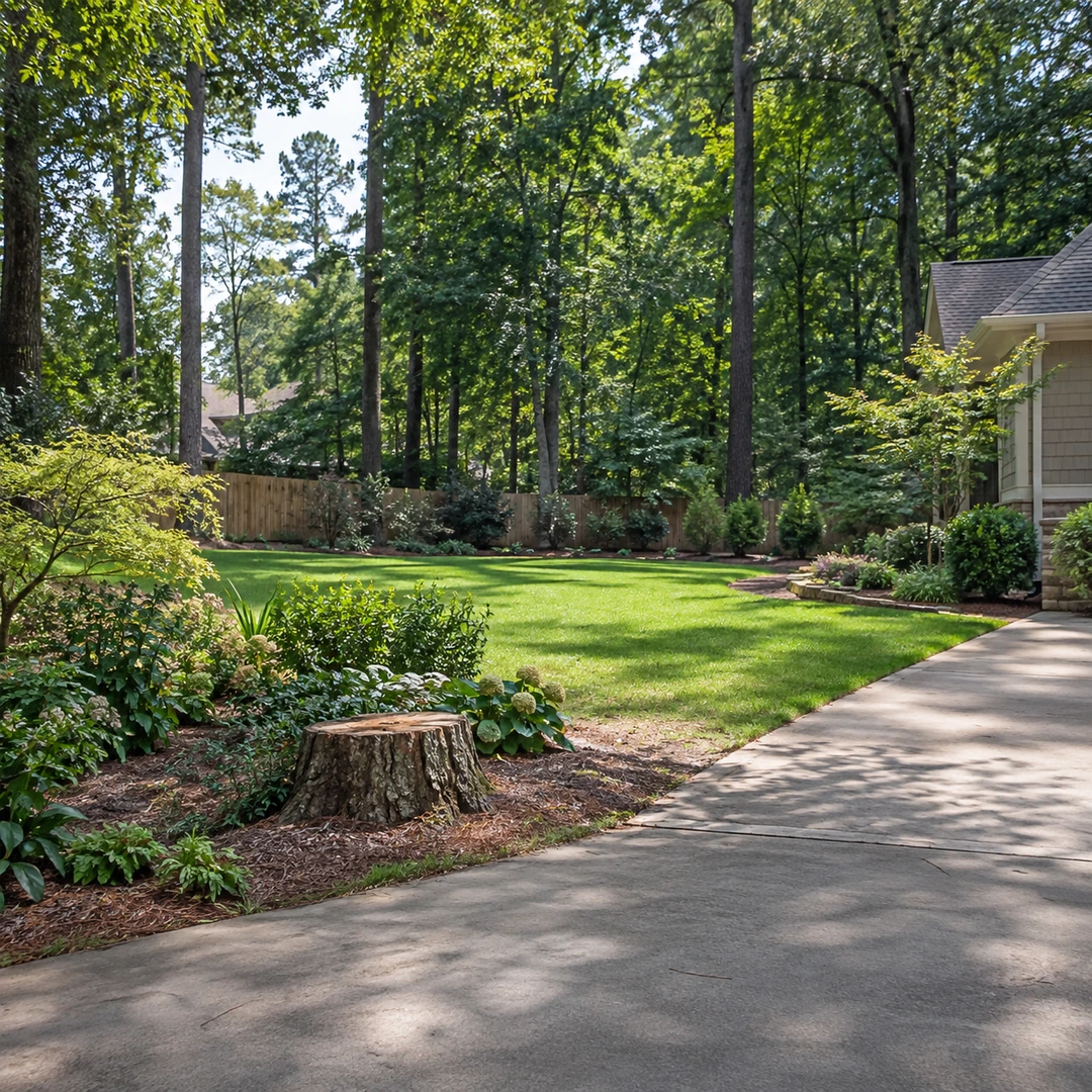 wide Georgia backyard with stump beside garden and access from driveway