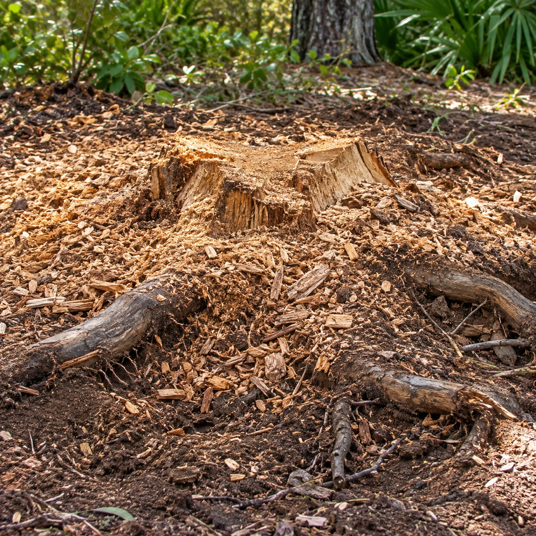 close ground stump area with wood chips and exposed root edges in soil