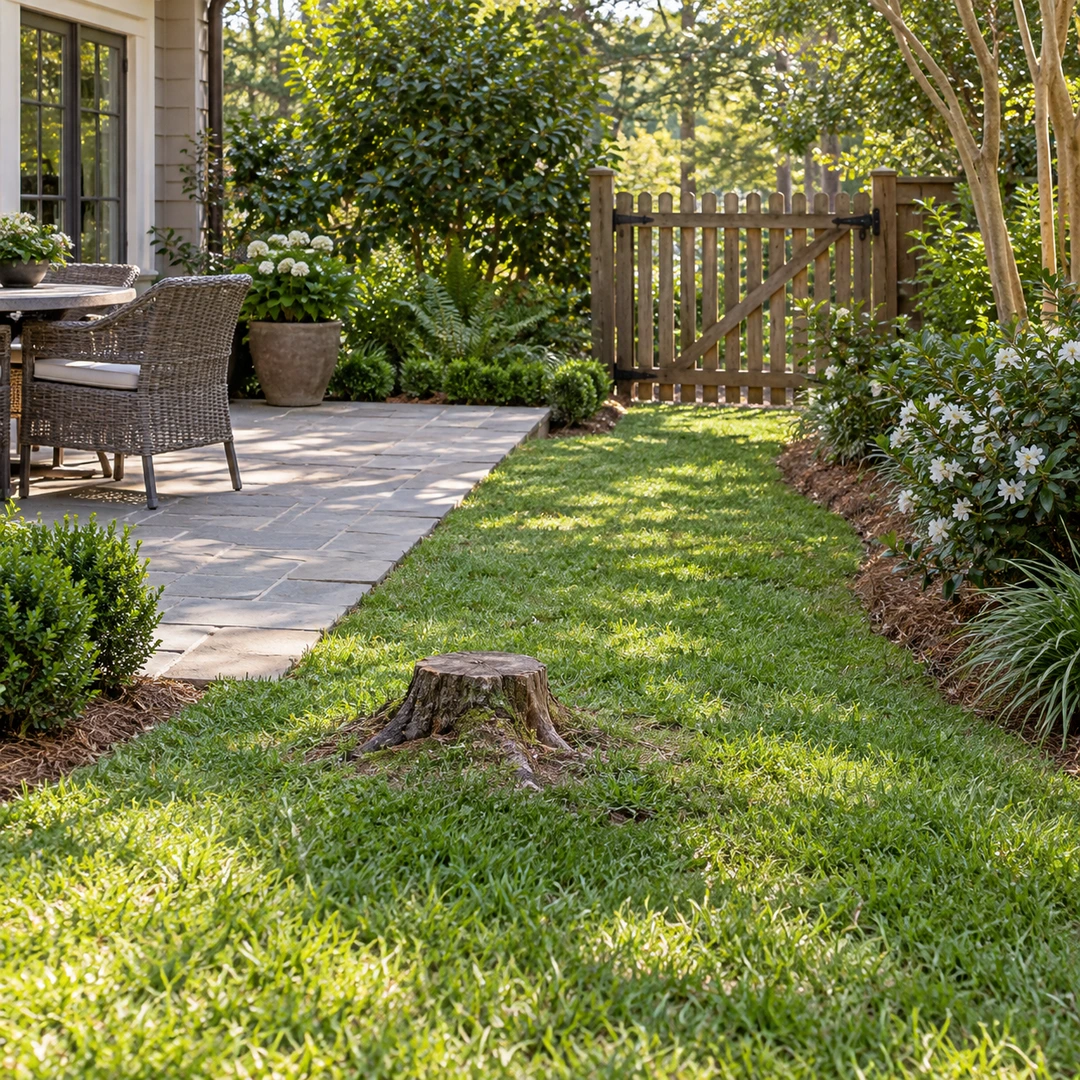 low stump interrupting a lawn route between patio and gate