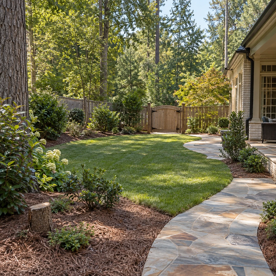 wide Georgia yard showing small stump near gate and walking access around patio