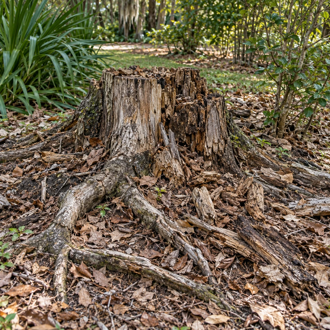 old decaying stump surrounded by loose wood exposed roots and accumulated leaves