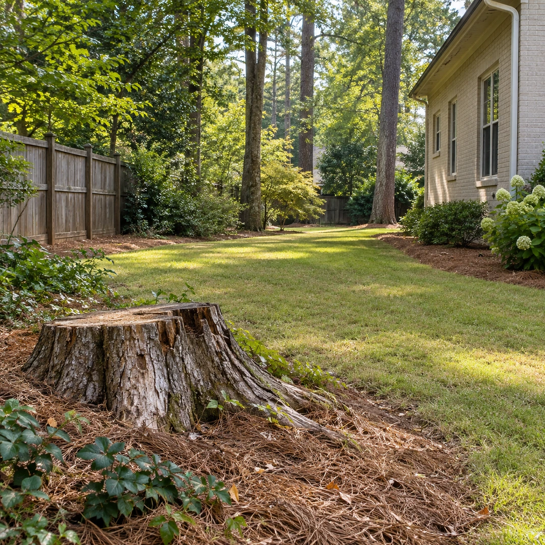 wide Georgia backyard with weathered stump and clear access between fence and house
