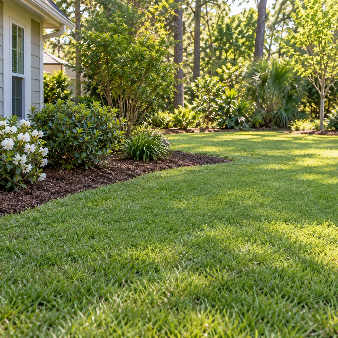 reclaimed level lawn patch beside planting bed after old stump cleanup