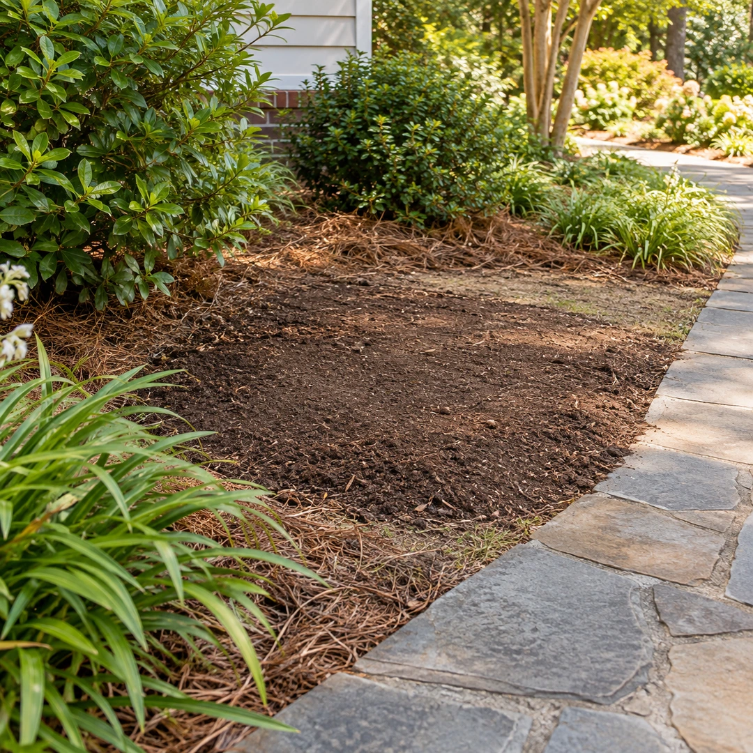 level filled soil patch where stump was removed beside garden walkway