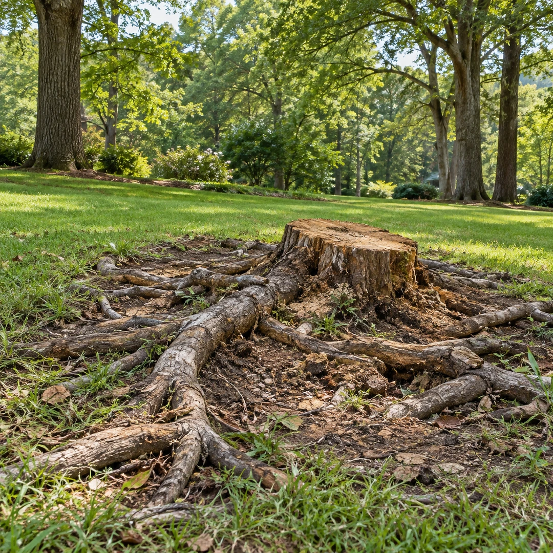 exposed woody roots around a removed stump in grass with healthy retained trees distant