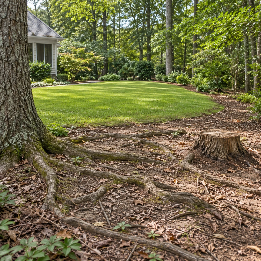 wide yard showing exposed roots near former stump and access around lawn edge