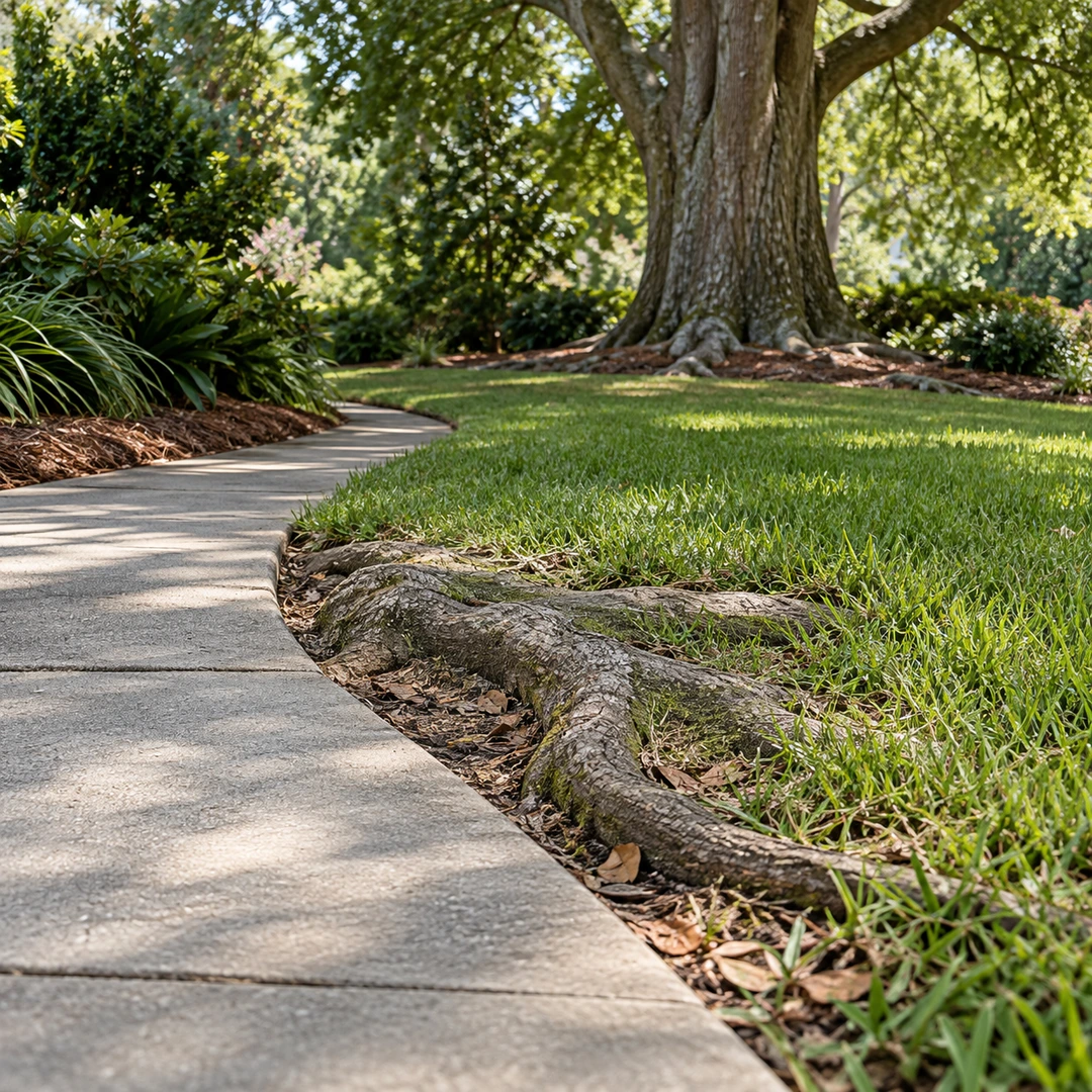 woody root crossing mower route beside paved walkway with mature retained tree beyond