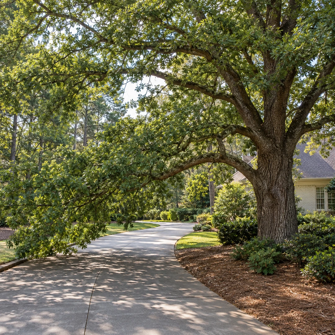 mature Georgia tree with selected low branch crowding driveway and remaining canopy retained