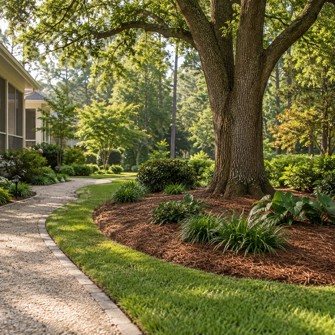 protected mulch bed around retained tree with improved open walking path nearby