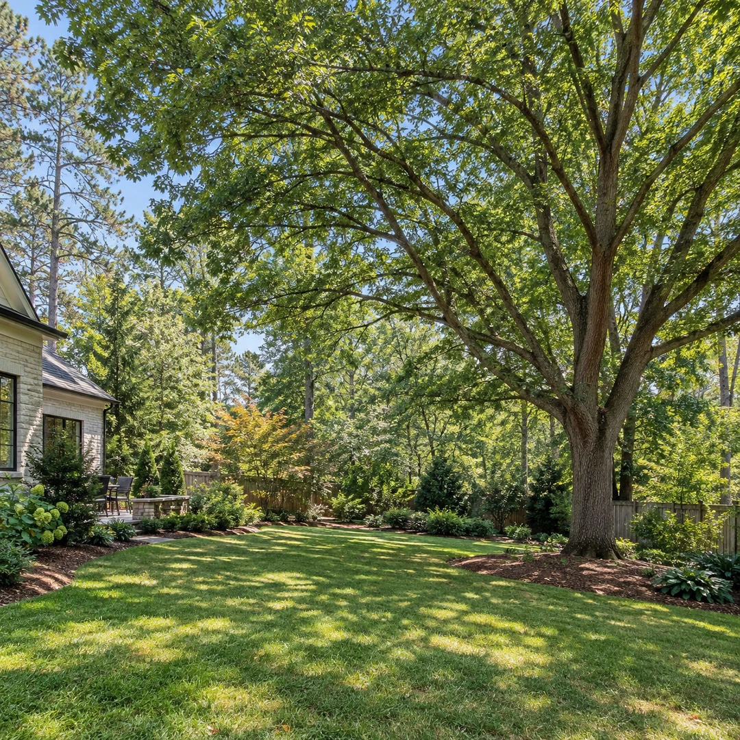 wide Georgia backyard with mature tree and clear access showing canopy shape