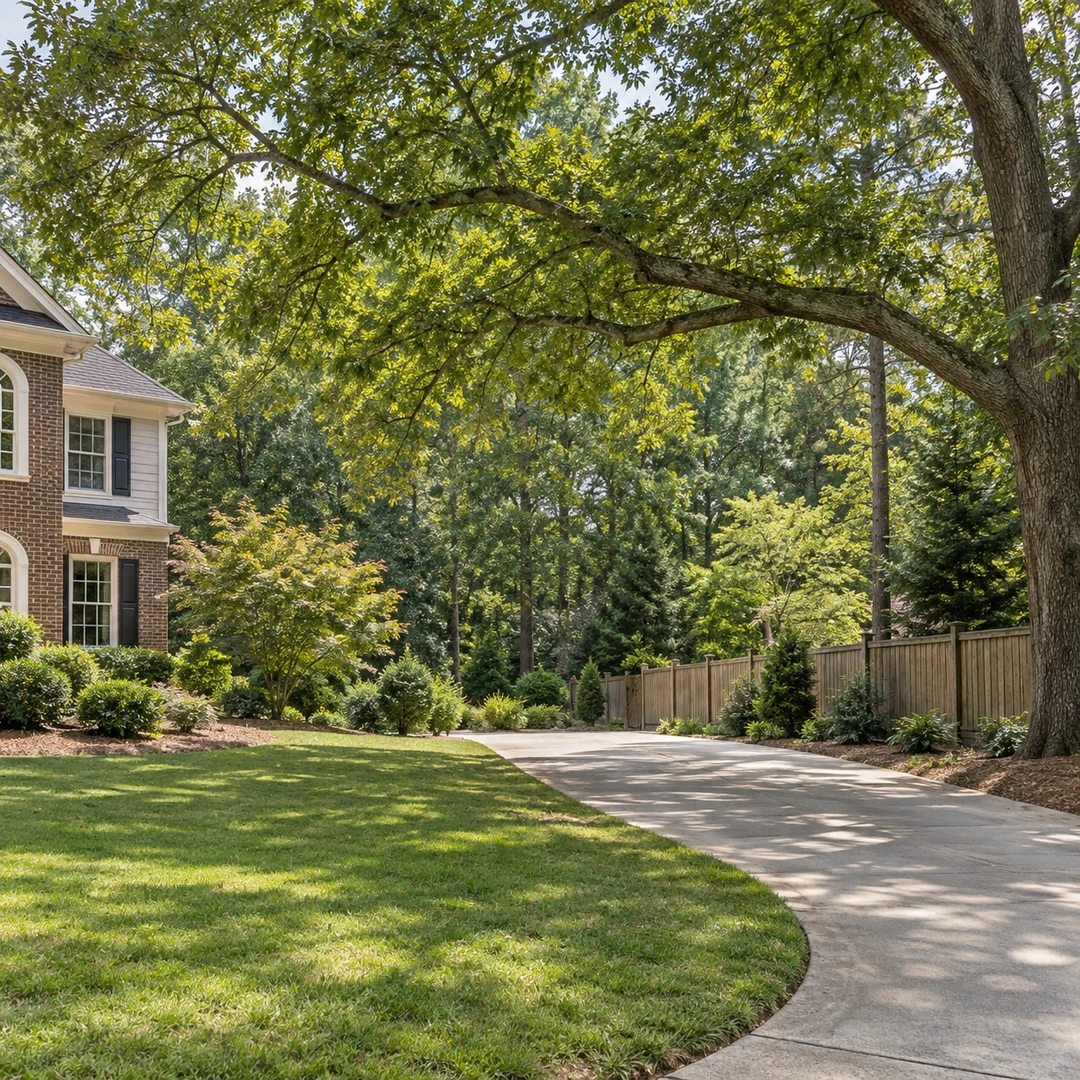 wide suburban Georgia yard with mature tree low branch extending over driveway showing access and fence