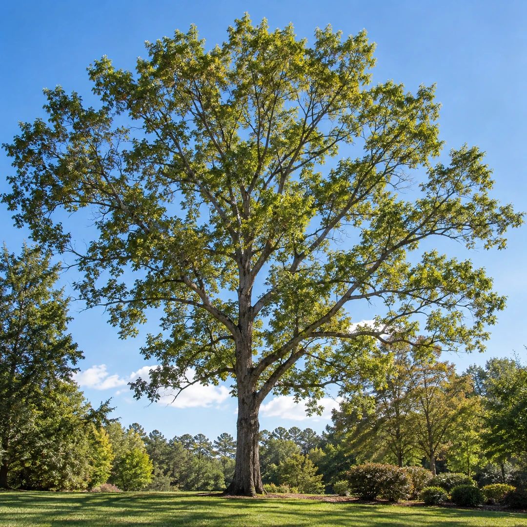large deciduous tree with lightly thinned airy canopy and natural small gaps against blue sky
